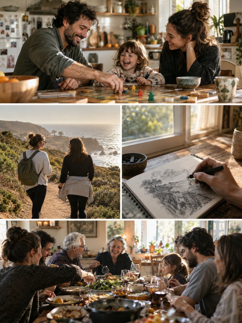 Family playing a game, friends on a coastal walk, a charcoal drawing and dinner together