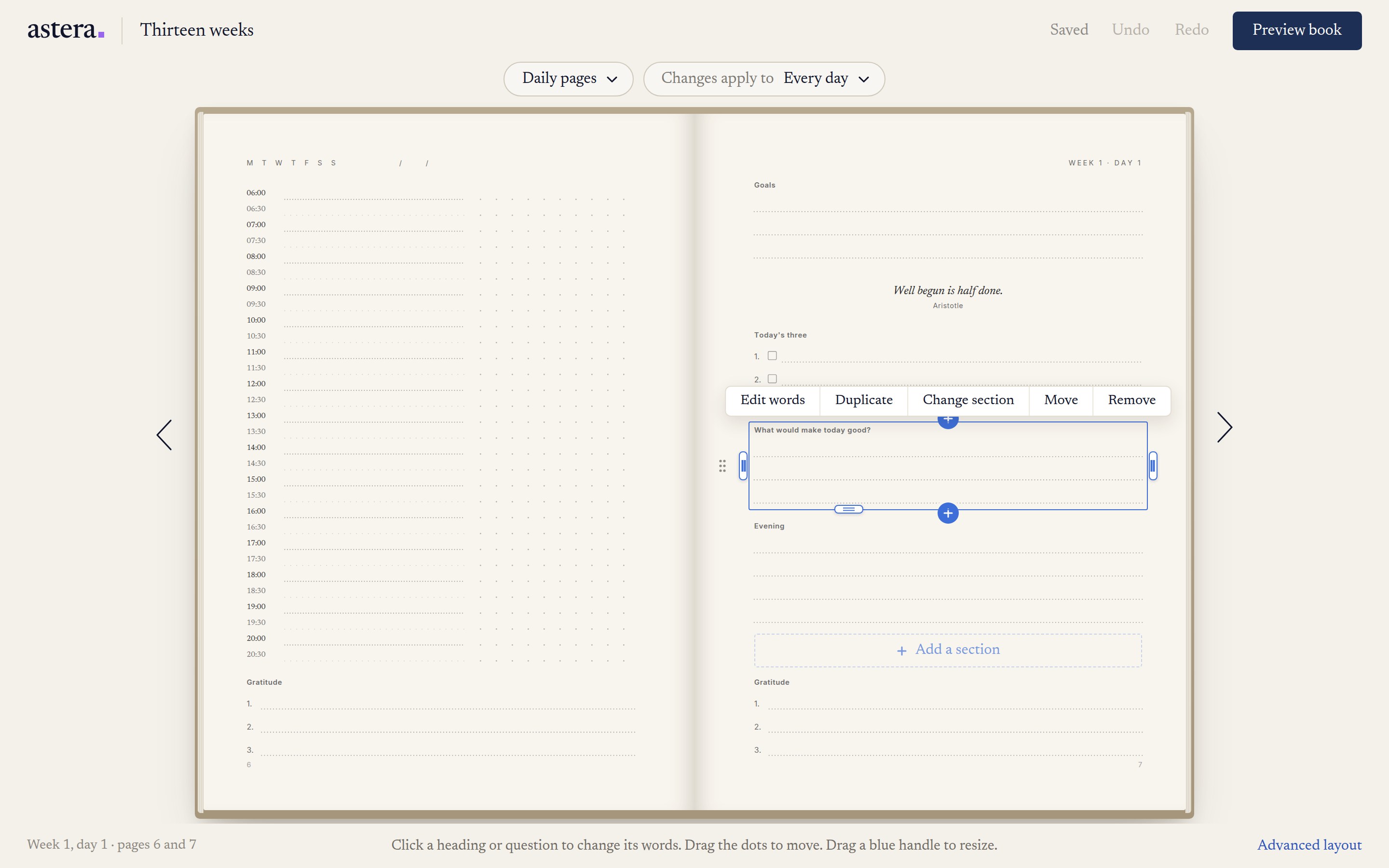 The Astera editor open on a daily spread, with one section selected