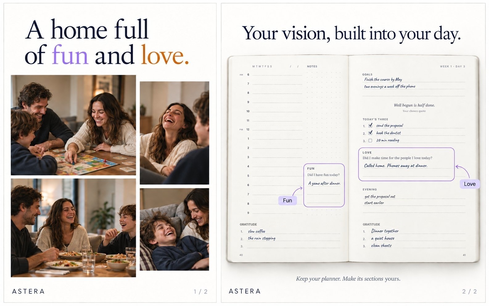 An Astera daily planner with a schedule, notes, goals, a quote, today's three, an evening review, gratitude and personal questions about fun and love