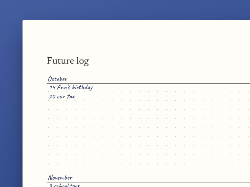 The Bullet journal open on its future log, dotted paper with October written in by hand