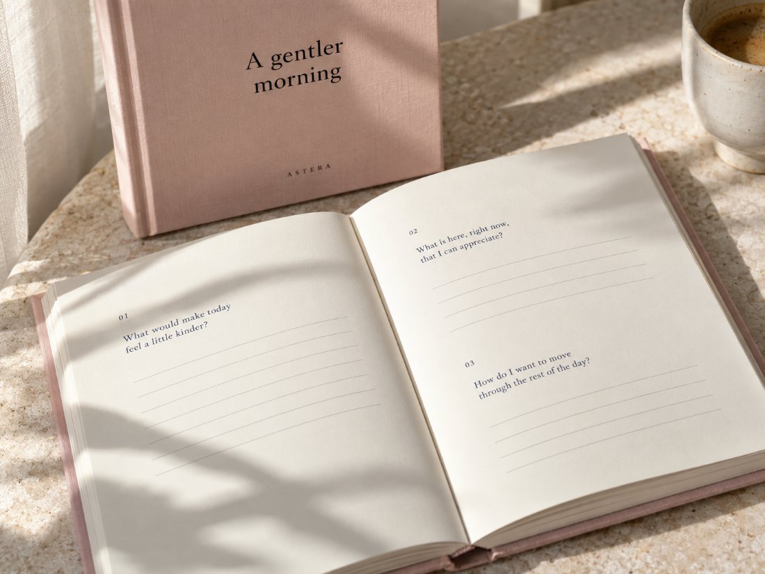 A blush Astera morning journal on a sunlit stone ledge