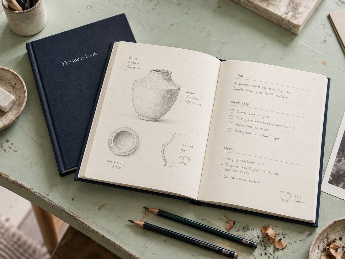 A navy Astera ideas book open on drawings and a project plan