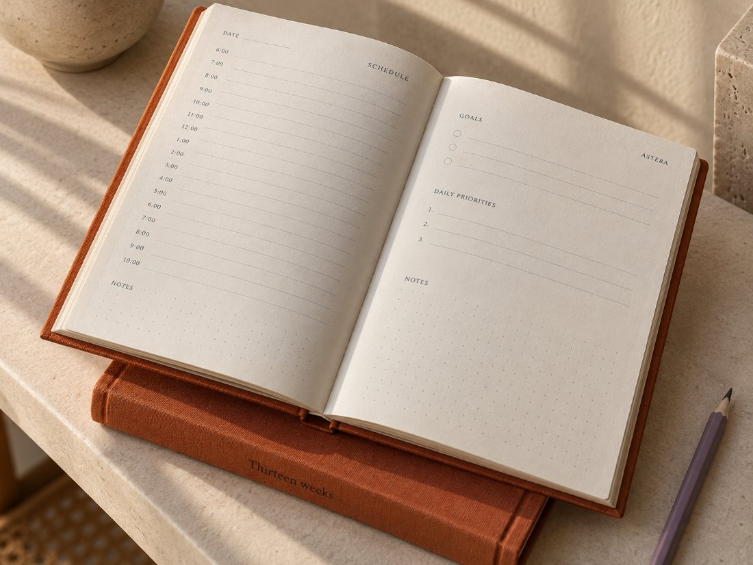 An orange Astera journal open on a daily planner in warm sunlight