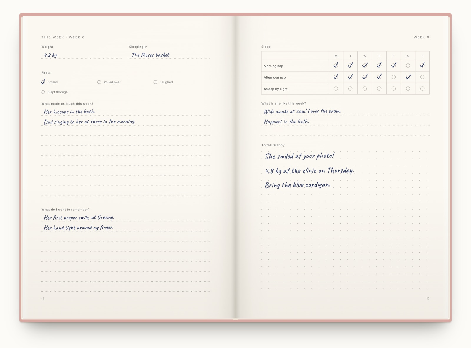 An open journal called Fiadh’s first year, with one week to two pages. The left page has Weight and Sleeping in, a list of firsts with Smiled ticked, and the questions What made us laugh this week? and What do I want to remember?, answered by hand. The right page has a sleep chart for the week, the question What is she like this week? and a dotted space headed To tell Granny.