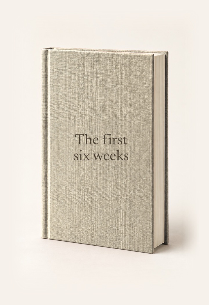 The cover of The first six weeks, a hardcover in Natural with its title on the front.