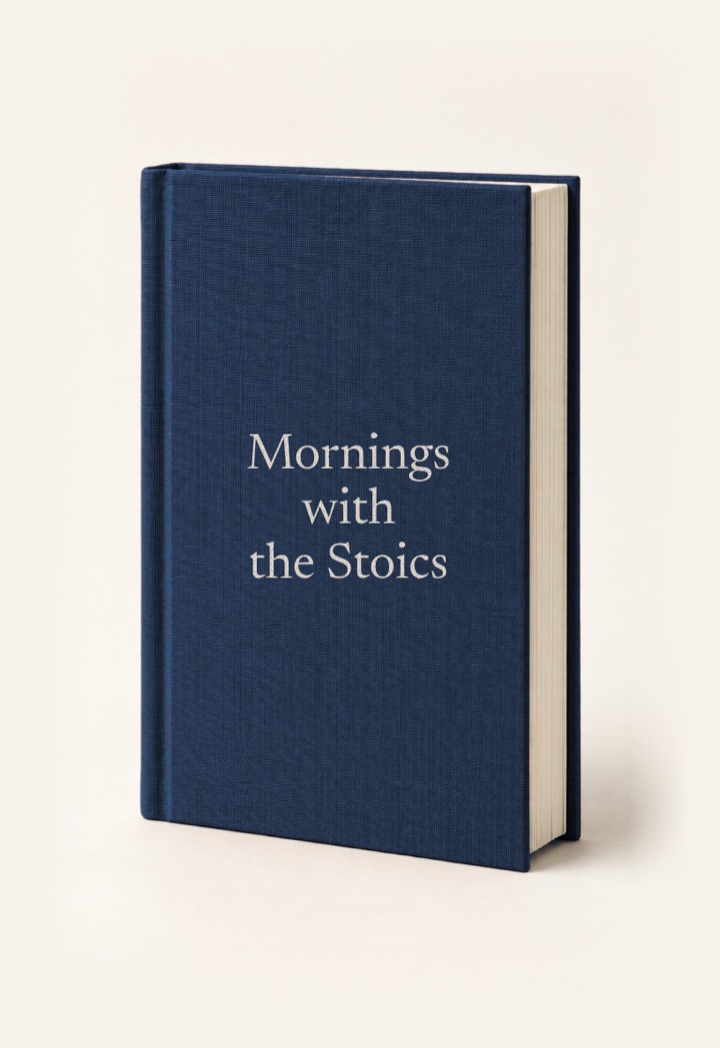 The cover of Mornings with the Stoics, a hardcover in Navy with its title on the front.