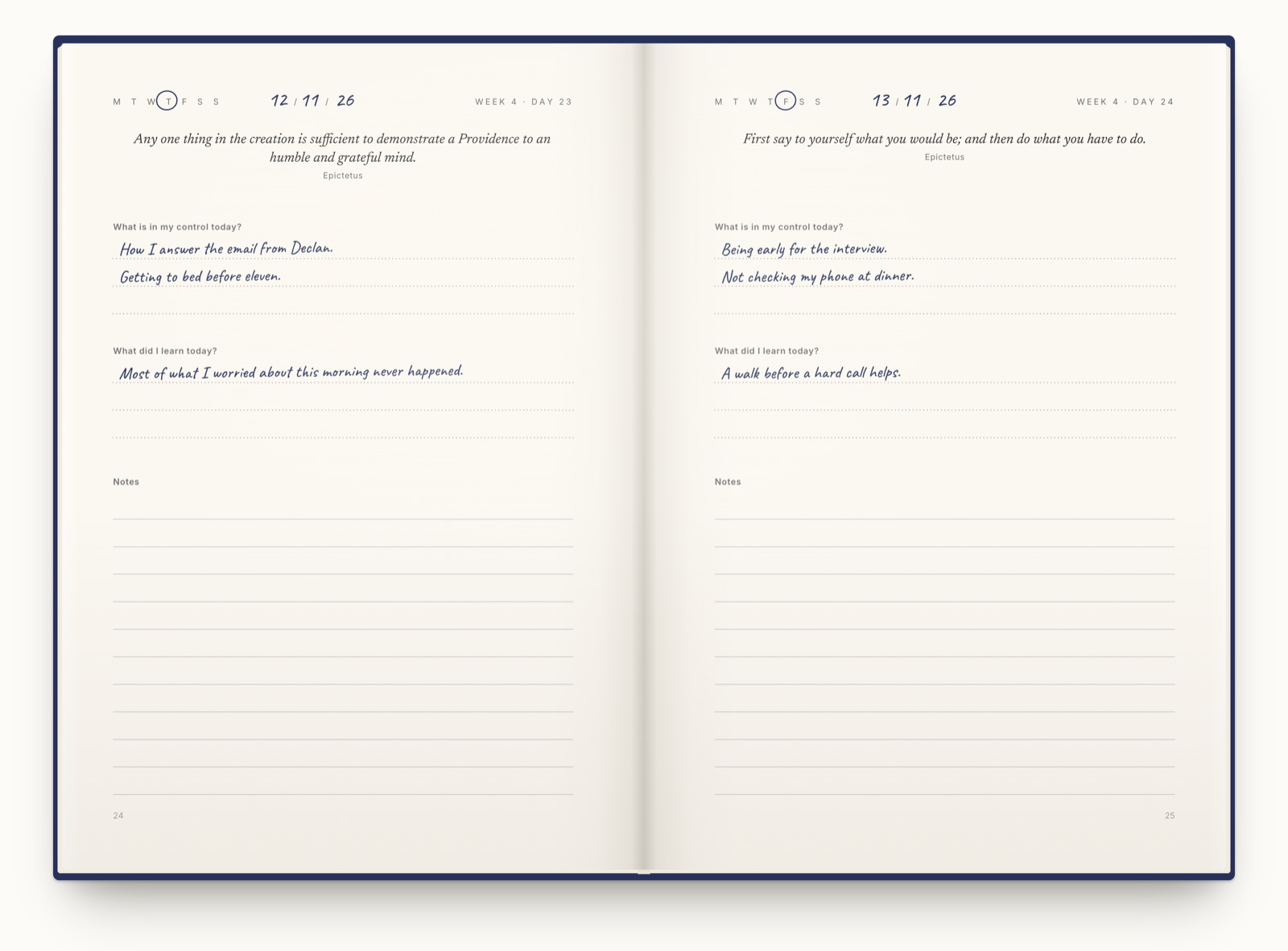 An open journal called Mornings with the Stoics, a page for each day. Each page opens on a quote from Epictetus, with What is in my control today? and What did I learn today? under it, each answered by hand, and lined notes below.